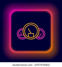 Glowing neon line Speedometer icon isolated on black background. Colorful outline concept. Vector