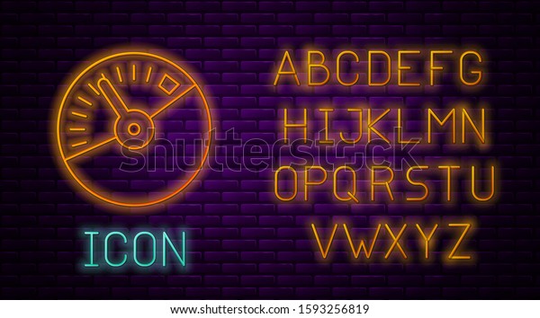 Glowing neon line\
Speedometer icon isolated on brick wall background. Neon light\
alphabet. Vector\
Illustration