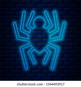 Glowing neon line Spider icon isolated on brick wall background. Happy Halloween party.  Vector Illustration