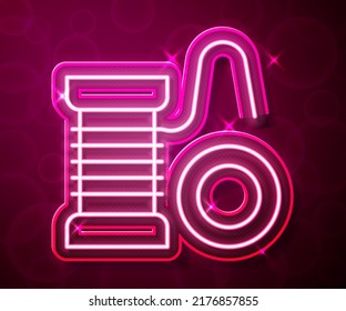 Glowing neon line Spinning reel for fishing icon isolated on red background. Fishing coil. Fishing tackle.  Vector