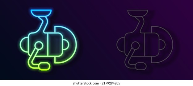 Glowing neon line Spinning reel for fishing icon isolated on black background. Fishing coil. Fishing tackle.  Vector