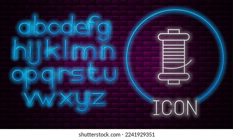 Glowing neon line Spinning reel for fishing icon isolated on brick wall background. Fishing coil. Fishing tackle. Neon light alphabet. Vector