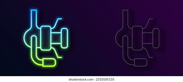 Glowing neon line Spinning reel for fishing icon isolated on black background. Fishing coil. Fishing tackle.  Vector