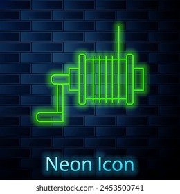 Glowing neon line Spinning reel for fishing icon isolated on brick wall background. Fishing coil. Fishing tackle.  Vector