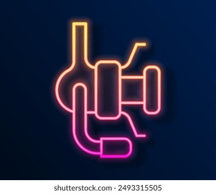 Glowing neon line Spinning reel for fishing icon isolated on black background. Fishing coil. Fishing tackle.  Vector