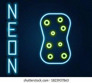 Glowing neon line Sponge with bubbles icon isolated on black background. Wisp of bast for washing dishes. Cleaning service logo. Colorful outline concept. Vector Illustration