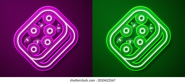 Glowing neon line Sponge with bubbles icon isolated on purple and green background. Wisp of bast for washing dishes. Cleaning service logo.  Vector