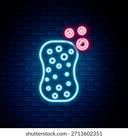 Esponja de neon brilhante com ícone de bolhas isolado no fundo da parede de tijolo. Bast para lavar pratos. Logotipo do serviço de limpeza. Conceito de contorno colorido. Vetor