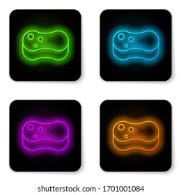 Glowing neon line Sponge icon isolated on white background. Wisp of bast for washing dishes. Cleaning service concept. Black square button. Vector Illustration