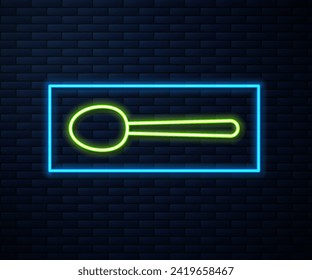 Glowing neon line Spoon icon isolated on brick wall background. Cooking utensil. Cutlery sign.  Vector Illustration