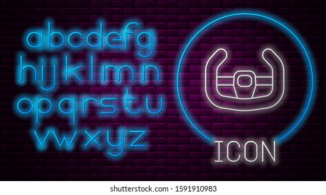 Glowing neon line Sport steering wheel icon isolated on brick wall background. Car wheel icon. Neon light alphabet. Vector Illustration