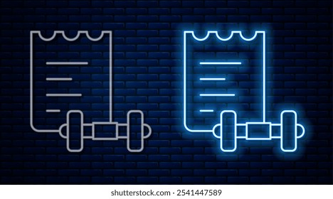 Glowing neon line Sport training program or fitness plan icon isolated on brick wall background.  Vector