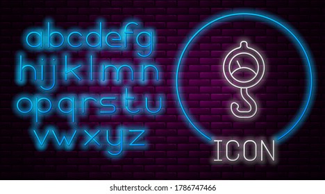 Glowing neon line Spring scale icon isolated on brick wall background. Balance for weighing. Determination of weight. Neon light alphabet. Vector