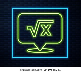 Glowing neon line Square root of x glyph icon isolated on brick wall background. Mathematical expression.  Vector