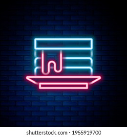 Glowing neon line Stack of pancakes with honey icon isolated on brick wall background. Breakfast concept. Colorful outline concept. Vector