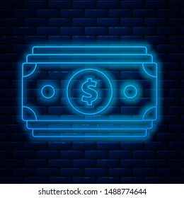 Glowing neon line Stacks paper money cash icon isolated on brick wall background. Money banknotes stacks. Bill currency.  Vector Illustration