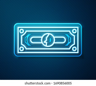 Glowing neon line Stacks paper money cash icon isolated on blue background. Money banknotes stacks. Bill currency.  Vector Illustration