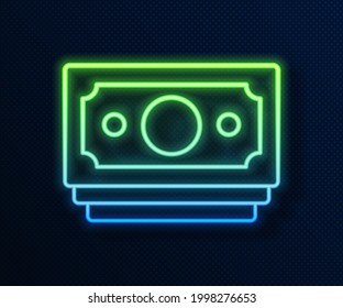 Glowing neon line Stacks paper money cash icon isolated on blue background. Money banknotes stacks. Bill currency.  Vector