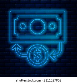 Glowing Neon Line Stacks Paper Money Cash Icon Isolated On Brick Wall Background. Money Banknotes Stacks. Bill Currency.  Vector