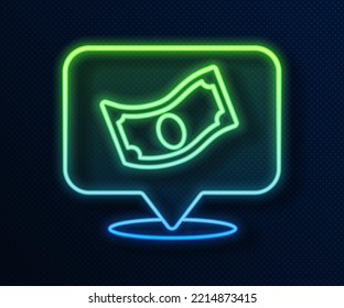 Glowing Neon Line Stacks Paper Money Cash Icon Isolated On Blue Background. Money Banknotes Stacks. Bill Currency.  Vector