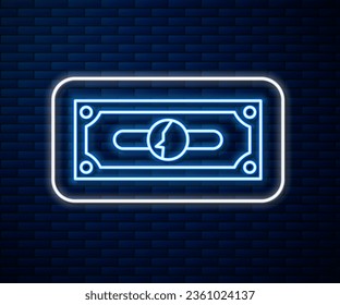 Glowing neon line Stacks paper money cash icon isolated on brick wall background. Money banknotes stacks. Bill currency.  Vector Illustration