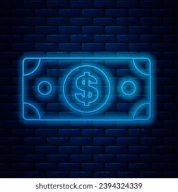 Línea de neón brillante Apila el icono del dinero en efectivo del papel aislado en el fondo de la pared de ladrillos. Billetes de dinero apilados. Moneda de facturación.  Vector