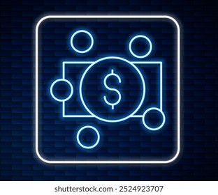 Glowing neon line Stacks paper money cash icon isolated on brick wall background. Money banknotes stacks. Bill currency.  Vector