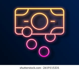 Glowing neon line Stacks paper money cash icon isolated on black background. Money banknotes stacks. Bill currency.  Vector