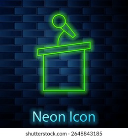 Glowing neon line Stage stand or debate podium rostrum icon isolated on brick wall background. Conference speech tribune.  Vector