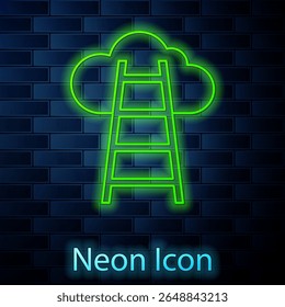 Glowing neon line Stair with finish flag icon isolated on brick wall background. Career growth business concept. Concept of business development.  Vector