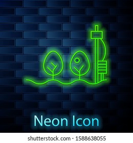 Glowing neon line Standalone sensor and plant icon isolated on brick wall background.  Vector Illustration
