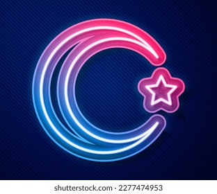 Glowing neon line Star and crescent - symbol of Islam icon isolated on blue background. Religion symbol.  Vector