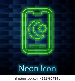Glowing neon line Star and crescent - symbol of Islam icon isolated on brick wall background. Religion symbol.  Vector