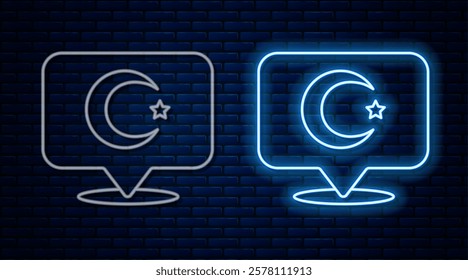 Glowing neon line Star and crescent - symbol of Islam icon isolated on brick wall background. Religion symbol.  Vector