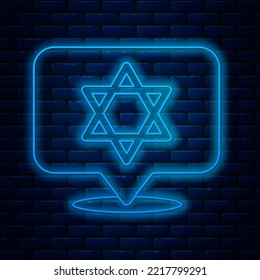 Glowing neon line Star of David icon isolated on brick wall background. Jewish religion symbol. Symbol of Israel.  Vector
