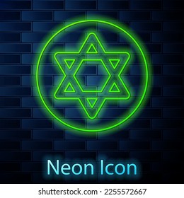 Glowing neon line Star of David icon isolated on brick wall background. Jewish religion symbol. Symbol of Israel.  Vector