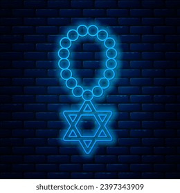 Glowing neon line Star of David necklace on chain icon isolated on brick wall background. Jewish religion symbol. Symbol of Israel. Jewellery and accessory.  Vector