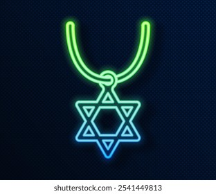 Collar brillante de la estrella de David de la línea de neón en el icono de la cadena aislado en fondo azul. Símbolo de la religión judía. Símbolo de Israel. Joyas y accesorios.  Vector