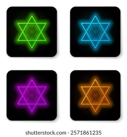 Glowing neon line Star of David icon isolated on white background. Jewish religion symbol. Symbol of Israel. Black square button. Vector Illustration