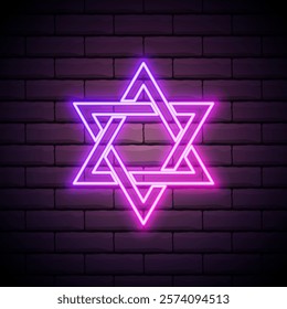 Glowing neon line Star of David icon isolated on brick wall background. Jewish religion symbol. Symbol of Israel. Vector Illustration