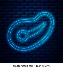 Glowing neon line Steak meat icon isolated on brick wall background.  Vector Illustration