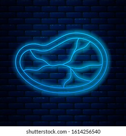 Glowing neon line Steak meat icon isolated on brick wall background.  Vector Illustration