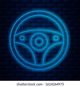 Glowing neon line Steering wheel icon isolated on brick wall background. Car wheel icon.  Vector Illustration