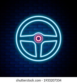 Glowing neon line Steering wheel icon isolated on brick wall background. Car wheel icon. Colorful outline concept. Vector