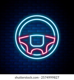 Glowing neon line Steering wheel icon isolated on brick wall background. Car wheel icon. Colorful outline concept. Vector