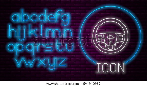 Glowing neon line Steering wheel icon\
isolated on brick wall background. Car wheel icon. Neon light\
alphabet. Vector\
Illustration