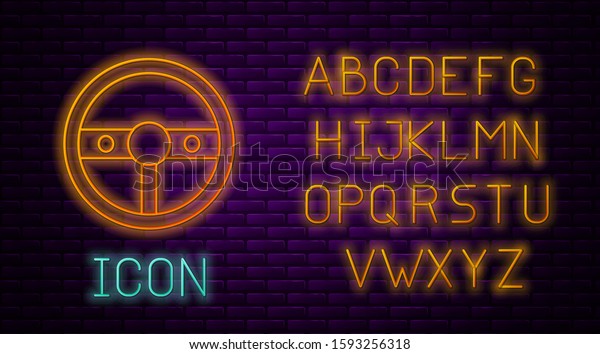 Glowing neon line Steering wheel icon
isolated on brick wall background. Car wheel icon. Neon light
alphabet. Vector
Illustration