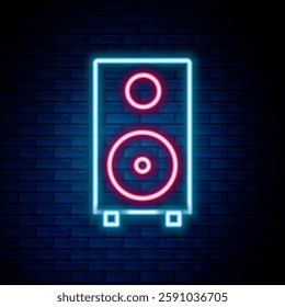 Glowing neon line Stereo speaker icon isolated on brick wall background. Sound system speakers. Music icon. Musical column speaker bass equipment. Colorful outline concept. Vector