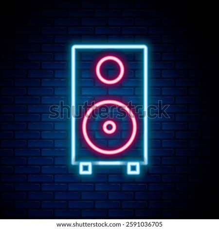 Glowing neon line Stereo speaker icon isolated on brick wall background. Sound system speakers. Music icon. Musical column speaker bass equipment. Colorful outline concept. Vector