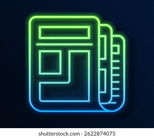 Glowing neon line Stock market news icon isolated on blue background. Newspaper sign. Mass media symbol.  Vector